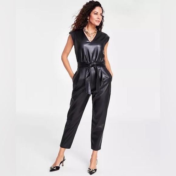 INC International Concepts Black Faux Leather Jumpsuit, NWOT Size Large - Picture 1 of 5